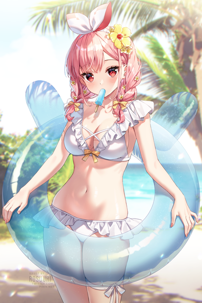 Anime picture 1000x1500 with virtual youtuber atelier live pinku (vtuber) rosuuri single long hair tall image looking at viewer blush fringe breasts light erotic red eyes standing holding signed pink hair sky outdoors blunt bangs
