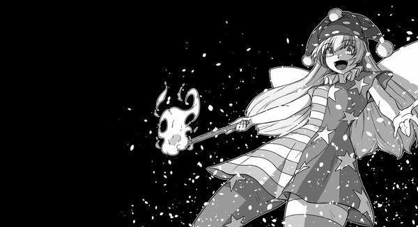 Anime picture 1980x1080 with touhou clownpiece sunatoshi single long hair looking at viewer highres open mouth smile wide image wallpaper black background monochrome spread arms striped star print outline crazy eyes girl dress