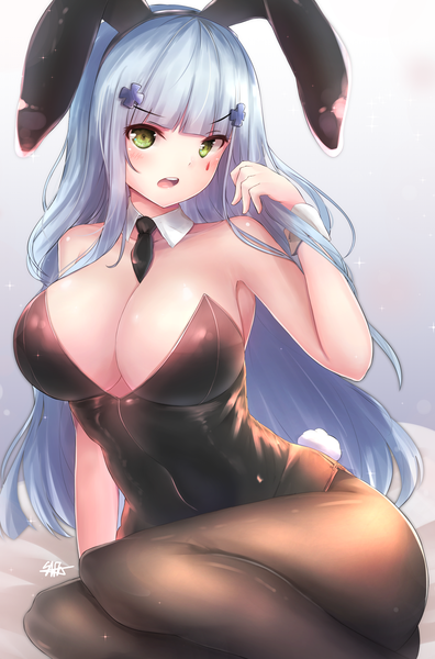 Anime picture 2335x3540 with girls frontline hk416 (girls frontline) hiromaster sinta jh single long hair tall image looking at viewer blush fringe highres breasts open mouth light erotic simple background large breasts sitting bare shoulders green eyes signed animal ears