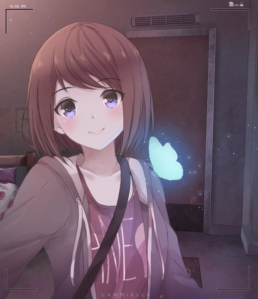 Anime picture 2212x2555 with life is strange max caulfield lawnielle single tall image looking at viewer blush fringe highres short hair blue eyes smile brown hair signed upper body indoors open jacket clothes writing recording girl