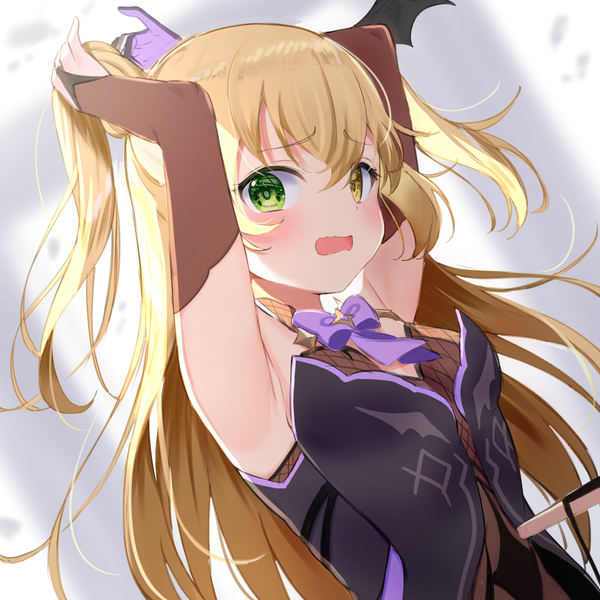 Anime picture 1200x1200 with genshin impact fischl (genshin impact) tsukiman single long hair looking at viewer blush fringe open mouth simple background blonde hair hair between eyes green eyes yellow eyes upper body arms up two side up heterochromia holding hair girl
