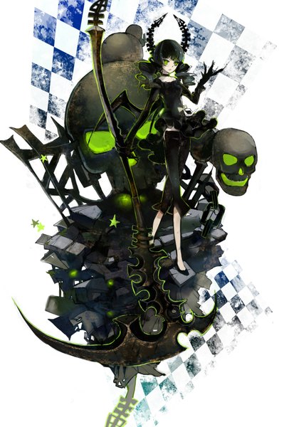 Anime picture 1400x2034 with black rock shooter dead master susu (artist) single long hair tall image black hair twintails green eyes girl star (symbol) skull scythe