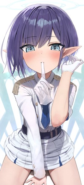 Anime picture 1600x3500 with blue archive aoi (blue archive) hidulume single tall image looking at viewer blush fringe short hair blue eyes light erotic hair between eyes sitting holding purple hair pointy ears mouth hold adjusting hair glove in mouth girl