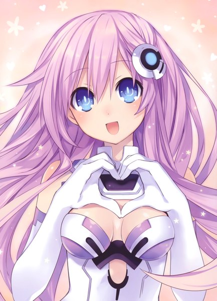 Anime picture 4818x6669 with choujigen game neptune nepgear tsunako single long hair tall image looking at viewer blush highres breasts open mouth blue eyes absurdres purple hair scan official art heart hands girl gloves hair ornament