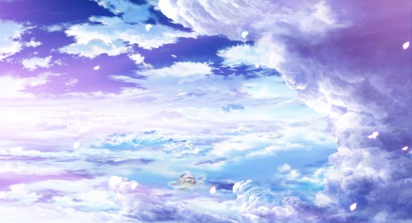 Anime picture 1200x650 with norn9 (game) wide image sky cloud (clouds) wind magic petals ball planet