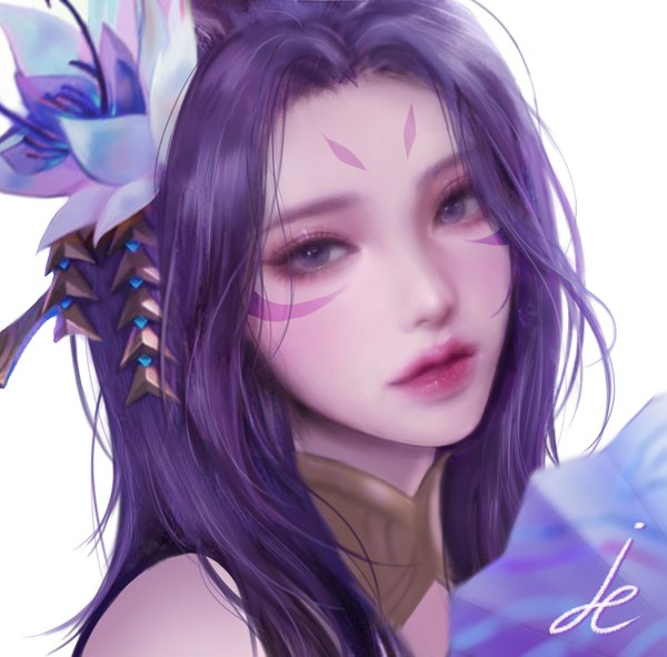 Anime picture 3000x2959 with league of legends cassiopeia (league of legends) spirit blossom cassiopeia pinker single long hair looking at viewer highres simple background white background purple eyes signed purple hair upper body head tilt hair flower realistic facial mark face eyeshadow