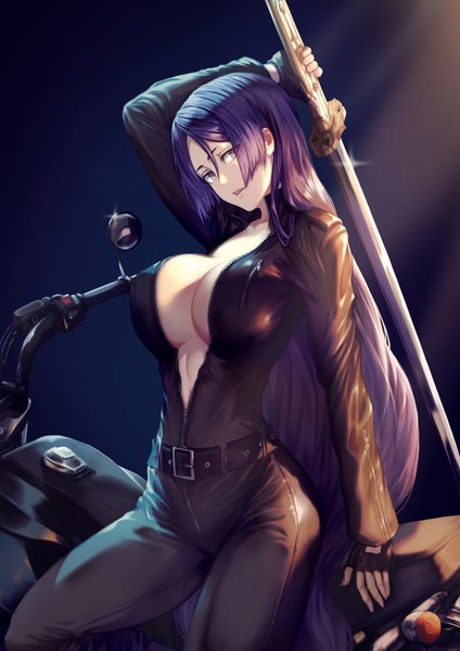 Anime picture 2894x4093 with fate (series) fate/grand order minamoto no raikou (fate) yasu (segawahiroyasu) single long hair tall image looking at viewer fringe highres breasts open mouth light erotic hair between eyes large breasts sitting purple eyes holding purple hair long sleeves