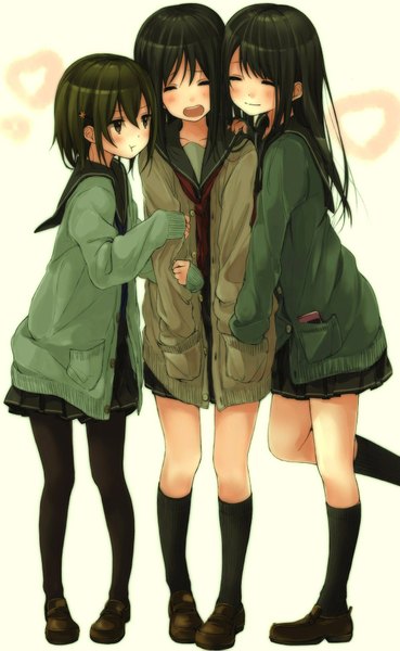 Anime picture 1195x1939 with original krsk long hair tall image blush fringe short hair open mouth multiple girls green eyes eyes closed green hair light smile hands in pockets :t puffy cheeks girl skirt uniform hair ornament