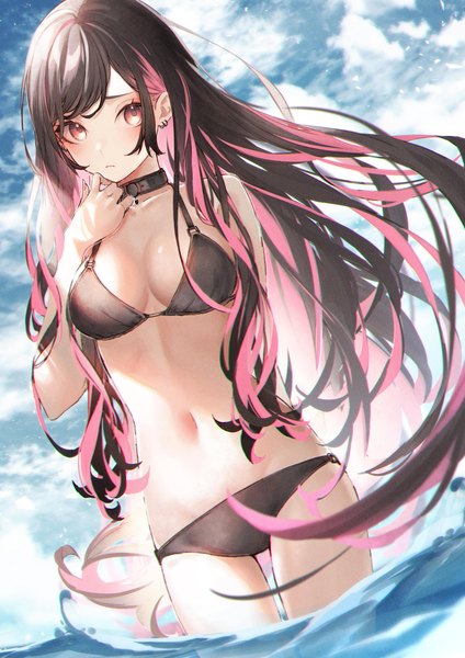 Anime picture 3541x5016 with original kuwashima rein single long hair tall image fringe highres breasts light erotic black hair standing brown eyes looking away absurdres sky cloud (clouds) outdoors multicolored hair arm up wind