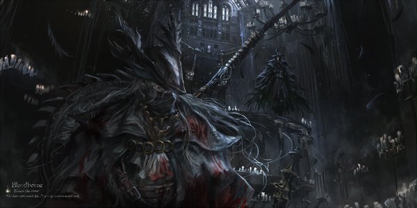 イラスト 1750x875 と bloodborne from software lady maria of the astral clocktower eileen the crow stu dts 長髪 highres wide image 立つ looking away white hair indoors copyright name silver eyes 女の子 男性 武器 帽子 ベルト 窓