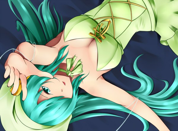Anime picture 2000x1475 with vocaloid hatsune miku highres aqua eyes green hair girl ribbon (ribbons) hat