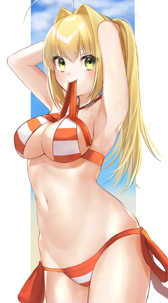 Anime picture 1000x1800 with fate (series) fate/grand order nero claudius (fate) nero claudius (swimsuit caster) (fate) yayoi maka single long hair tall image looking at viewer blush fringe breasts light erotic simple background blonde hair hair between eyes large breasts standing white background holding