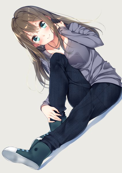 Anime picture 566x800 with idolmaster idolmaster cinderella girls shibuya rin yappen single long hair tall image looking at viewer blush fringe breasts blue eyes simple background smile brown hair large breasts sitting bent knee (knees) adjusting hair girl