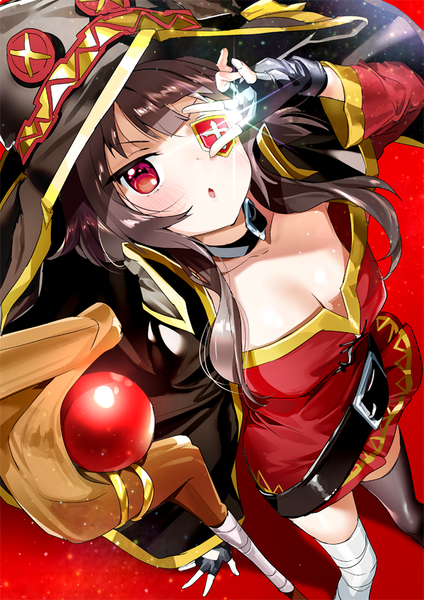 Anime picture 600x849 with kono subarashii sekai ni shukufuku wo! studio deen megumin yanyo (ogino atsuki) single long hair tall image looking at viewer blush breasts light erotic simple background red eyes brown hair from above :o victory red background girl thighhighs