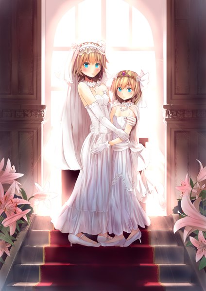 Anime picture 1024x1448 with touhou alice margatroid culter tall image looking at viewer blush short hair blue eyes blonde hair bare shoulders multiple girls girl dress gloves flower (flowers) 2 girls elbow gloves tiara wedding dress strapless dress