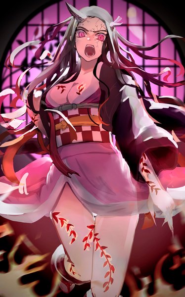 Anime picture 2514x4031 with kimetsu no yaiba ufotable kamado nezuko ogura aoi single long hair tall image looking at viewer highres breasts open mouth light erotic black hair large breasts traditional clothes japanese clothes pink eyes horn (horns) slit pupils spoilers