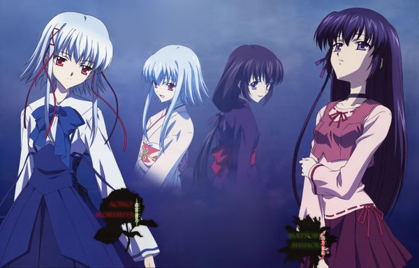Anime picture 6355x4077 with sola shihou matsuri morimiya aono koga makoto long hair fringe highres open mouth simple background purple eyes multiple girls payot silver hair purple hair upper body traditional clothes parted lips japanese clothes pleated skirt looking back