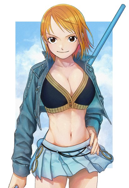 Anime picture 2048x2989 with one piece toei animation nami (one piece) 4myaku1 single tall image highres short hair breasts light erotic smile standing cleavage pleated skirt black eyes orange hair open jacket hand on hip border outside border