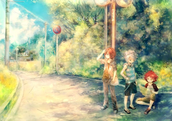 Anime picture 1600x1128 with inazuma eleven kiyama hiroto nagumo haruya suzuno fuusuke onineko short hair sitting sky silver hair cloud (clouds) full body red hair grey eyes orange eyes boy plant (plants) tree (trees) shorts bag wire (wires)