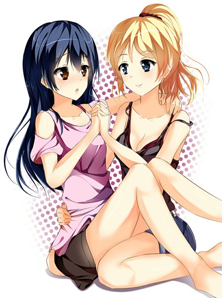 Anime picture 822x1100 with love live! school idol project sunrise (studio) love live! ayase eli sonoda umi 9ikia (artist) long hair tall image blush open mouth blue eyes light erotic black hair blonde hair smile sitting bare shoulders multiple girls brown eyes hug