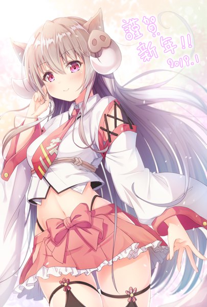 Anime picture 800x1184 with original matokechi single long hair tall image looking at viewer blush fringe hair between eyes standing animal ears payot silver hair pink eyes horn (horns) light smile wide sleeves midriff floating hair text