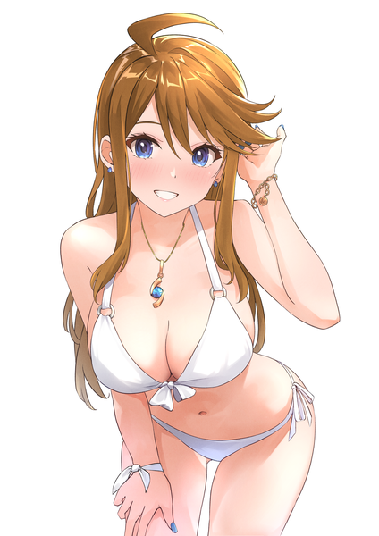 Anime picture 3035x4299 with idolmaster idolmaster million live! tokoro megumi b1ack illust single long hair tall image looking at viewer blush fringe highres breasts blue eyes light erotic simple background smile hair between eyes brown hair large breasts white background