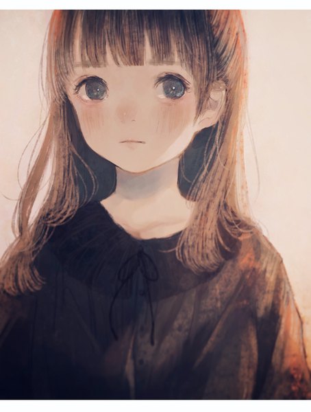 Anime picture 750x990 with original orie h single long hair tall image looking at viewer blush fringe brown hair upper body blunt bangs grey eyes letterboxed shaded face half updo girl