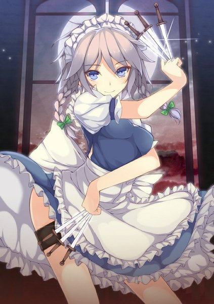 Anime picture 705x1000 with touhou izayoi sakuya dreamlight2000 single tall image fringe short hair breasts blue eyes smile brown hair holding braid (braids) night maid twin braids dual wielding girl uniform bow