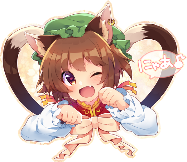 Anime picture 1154x1000 with touhou chen usamata single looking at viewer blush fringe short hair open mouth smile brown hair animal ears tail animal tail one eye closed wink cat ears teeth cat tail fang (fangs)