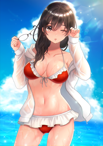 Anime picture 1000x1412 with original yakibird single long hair tall image looking at viewer blush fringe breasts light erotic hair between eyes brown hair large breasts standing holding brown eyes sky cleavage cloud (clouds) outdoors