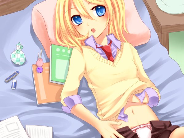 Anime picture 1400x1050 with vocaloid kagamine rin yayoi (egoistic realism) short hair open mouth blue eyes light erotic blonde hair girl navel underwear panties shirt necktie pillow sweater lollipop paper
