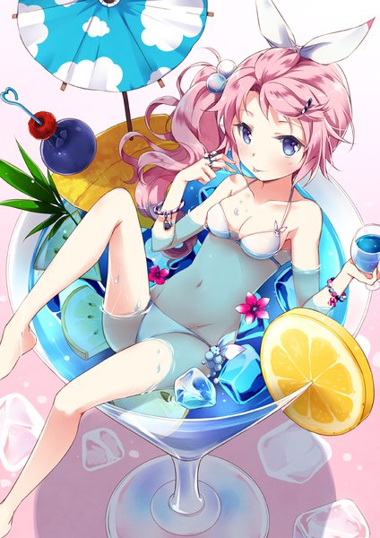 Anime picture 689x975 with original nyanya single long hair tall image blush fringe blue eyes light erotic bare shoulders holding pink hair bent knee (knees) barefoot bare legs bare belly shadow no shoes side ponytail reclining