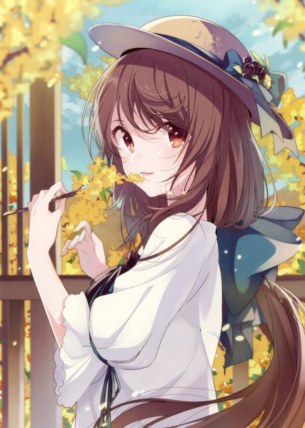 Anime picture 2494x3500 with original umiko (munemiu) single long hair tall image looking at viewer fringe highres brown hair brown eyes upper body low ponytail girl flower (flowers) bow plant (plants) hair bow hat tree (trees)