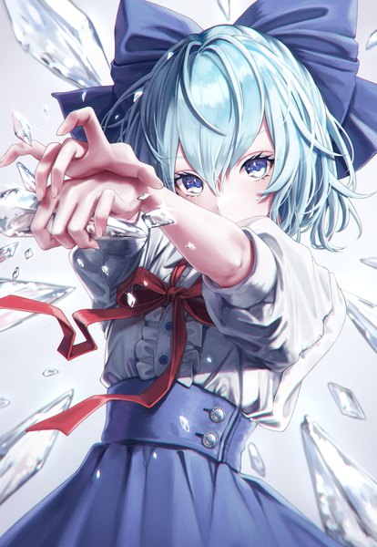 Anime picture 1232x1786 with touhou cirno torinari (dtvisu) single tall image looking at viewer fringe short hair blue eyes hair between eyes blue hair fingernails puffy sleeves girl skirt bow hair bow wings bowtie blue skirt