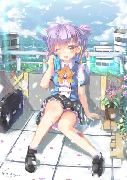 Anime picture 1448x2048 with original north abyssor single tall image short hair open mouth smile yellow eyes purple hair ahoge outdoors :d one eye closed wink hair bun (hair buns) girl skirt uniform flower (flowers) plant (plants)