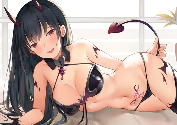 Anime-Bild 2500x1767 mit original suzuame yatsumi single long hair looking at viewer blush fringe highres breasts open mouth light erotic black hair smile hair between eyes red eyes large breasts holding indoors tail lying