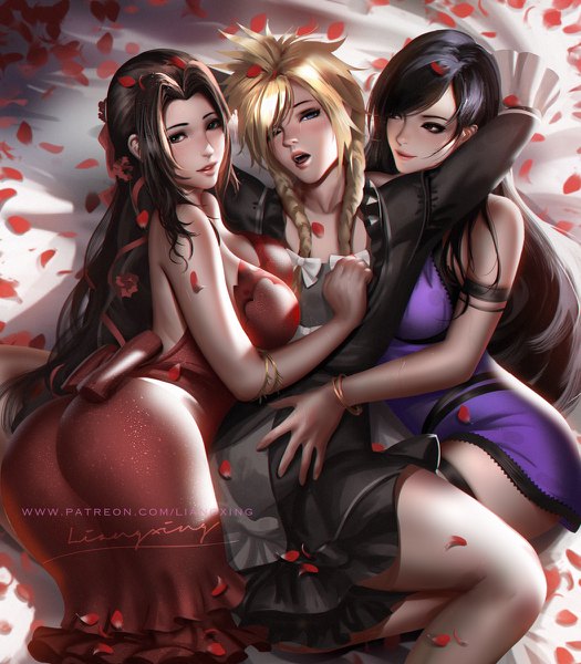 Anime picture 1050x1200 with final fantasy final fantasy vii final fantasy vii remake square enix tifa lockhart aerith gainsborough cloud strife liang xing long hair tall image looking at viewer fringe breasts open mouth blue eyes light erotic black hair blonde hair smile brown hair