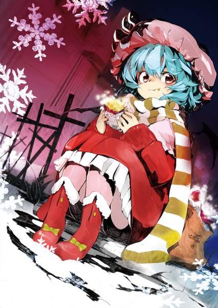 Anime picture 2508x3541 with touhou remilia scarlet oshake single tall image highres short hair red eyes sitting aqua eyes dutch angle winter snow eating bat wings steam food on face girl wings food
