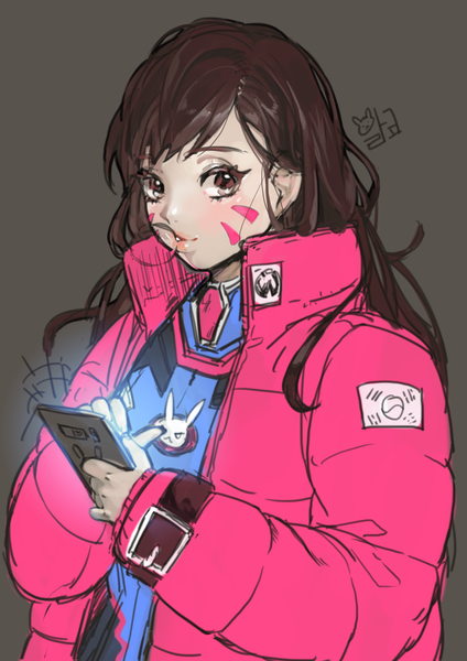 Anime picture 2480x3508 with overwatch blizzard entertainment d.va (overwatch) alraco single long hair tall image looking at viewer blush fringe highres simple background brown hair brown eyes upper body grey background open jacket facial mark whisker markings sketch