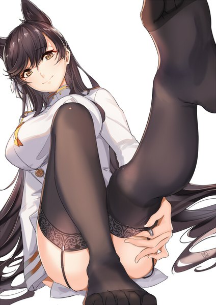 Anime picture 600x849 with azur lane atago (azur lane) akaitera single tall image looking at viewer fringe breasts light erotic black hair simple background smile hair between eyes large breasts white background sitting brown eyes animal ears bent knee (knees) long sleeves