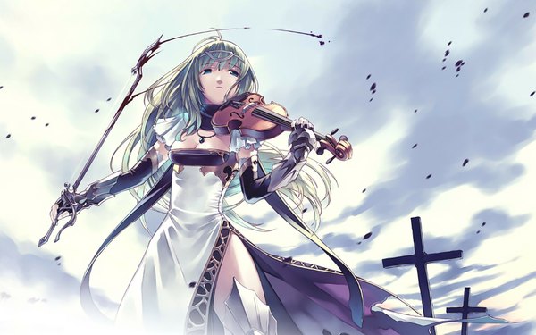 Anime picture 1680x1050 with hirano katsuyuki single long hair blue eyes standing looking away sky cloud (clouds) green hair short sleeves smoke girl dress gloves hair ornament weapon choker elbow gloves boots white dress