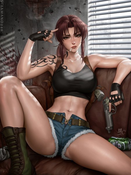 Anime picture 2250x3000 with black lagoon madhouse revy (black lagoon) sciamano240 single long hair tall image looking at viewer highres breasts light erotic brown hair large breasts sitting bare shoulders holding brown eyes signed cleavage indoors