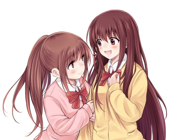 Anime picture 1228x1000 with saki takakamo shizuno matsumi kuro suzushiro yukari long hair blush open mouth simple background smile brown hair white background multiple girls brown eyes ponytail shoujo ai girl uniform 2 girls school uniform