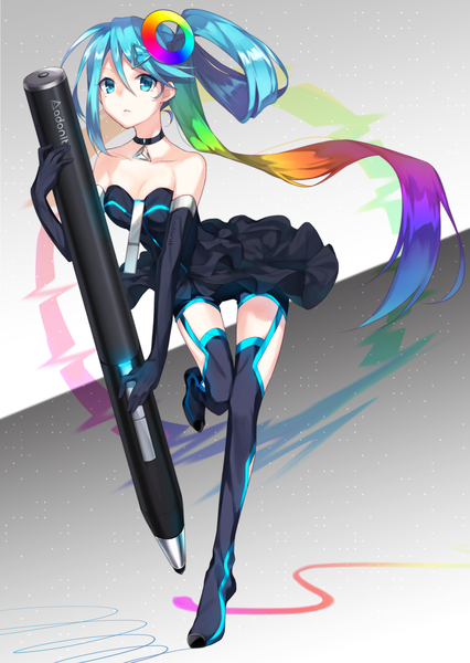Anime picture 1000x1409 with jot touch chocoan single tall image looking at viewer blue eyes bare shoulders ponytail very long hair multicolored hair sleeveless minigirl writing girl dress hair ornament choker black dress pen