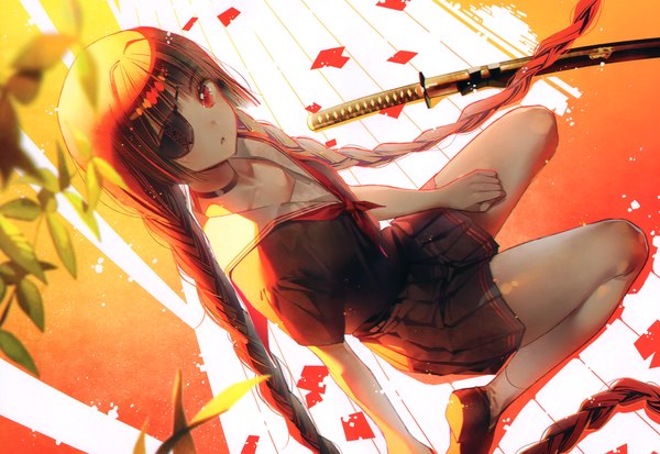 Anime picture 4881x3364 with original dsmile single looking at viewer blush fringe highres open mouth black hair red eyes sitting absurdres blunt bangs braid (braids) very long hair pleated skirt from above blurry scan short sleeves