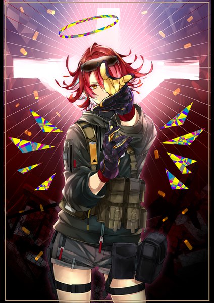 Anime picture 1696x2400 with arknights exusiai (arknights) exusiai (wild operation) (arknights) cno single tall image looking at viewer short hair yellow eyes red hair head tilt official alternate costume covering outstretched hand sunglasses on head covering face girl gloves wings halo