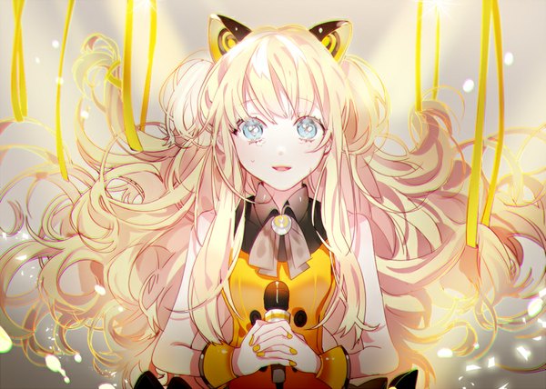 Anime picture 800x571 with vocaloid seeu piyo (ppotatto) single long hair looking at viewer fringe open mouth blue eyes blonde hair animal ears nail polish :d cat ears two side up sleeveless tears yellow nail polish girl ribbon (ribbons)