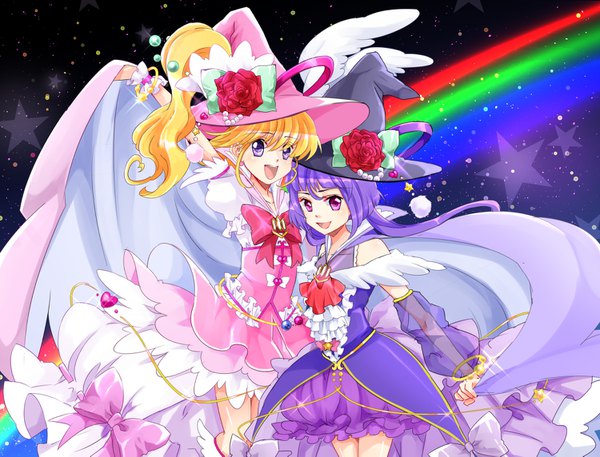 Anime picture 1500x1143 with precure mahou girls precure! toei animation asahina mirai cure miracle izayoi riko cure magical cure miracle (alexandrite style) tsuka d long hair looking at viewer blush open mouth blonde hair smile purple eyes bare shoulders multiple girls purple hair bent knee (knees)