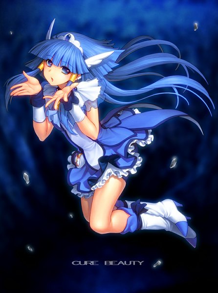 Anime-Bild 743x1000 mit precure smile precure! toei animation aoki reika cure beauty kazuma muramasa single long hair tall image looking at viewer open mouth blue eyes blue hair blue background girl dress hair ornament boots tiara