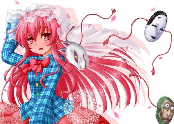 Anime picture 2000x1428 with touhou hata no kokoro kotowarinari (artist) single long hair looking at viewer blush fringe highres open mouth simple background red eyes white background pink hair parted lips girl bow mask clothes wedding veil